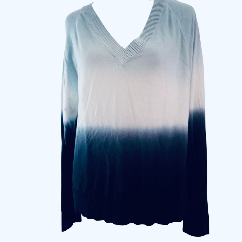 Minnie Rose Sweater L Cotton Cashmere Ombre V-Neck Long Sleeve Blue Navy Dip Dye